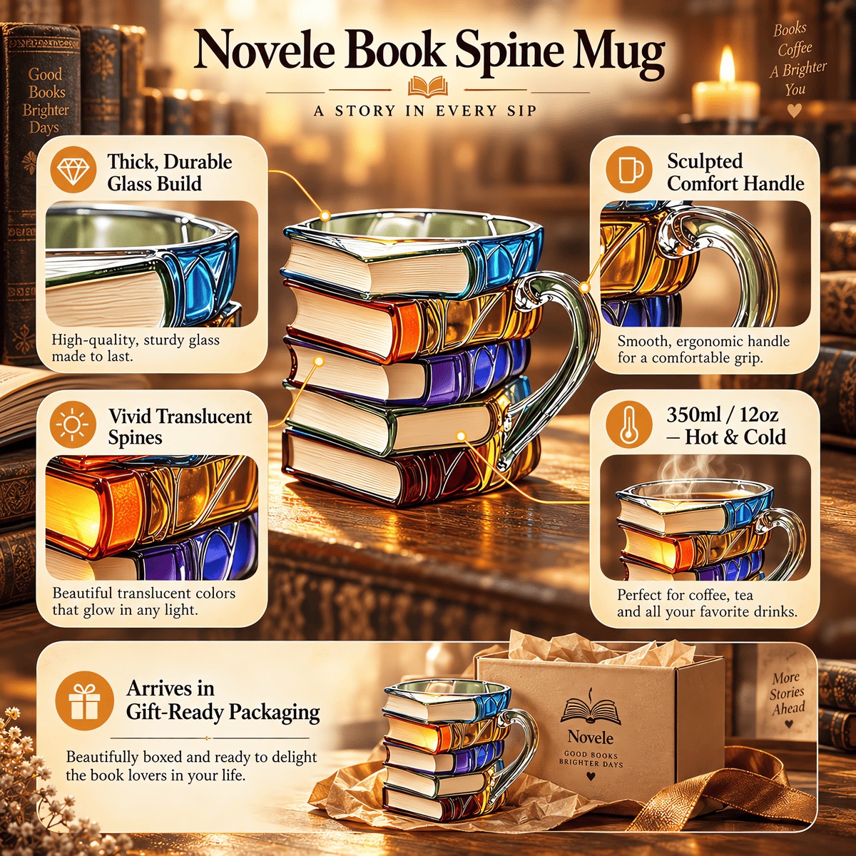 Novele Book Spine Mug materials and details: thick durable glass, sculpted comfort handle, translucent spines, 350 ml capacity, gift-ready packaging