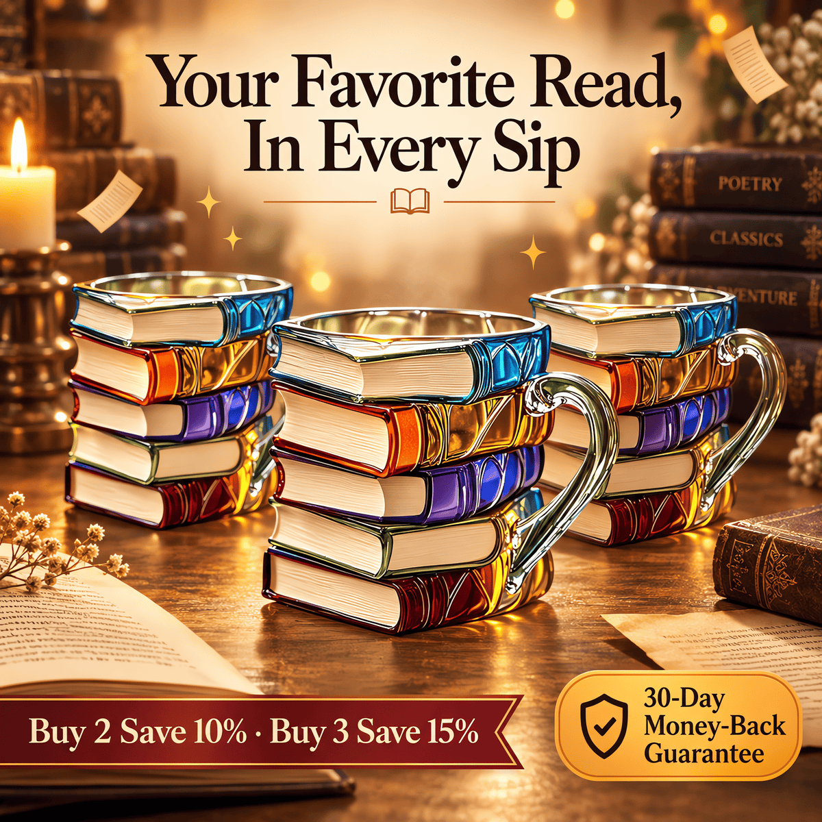 Three Novele Book Spine Mugs shaped like stacks of colorful glass books on a cozy candlelit desk, with the offer buy 2 save 10%, buy 3 save 15%
