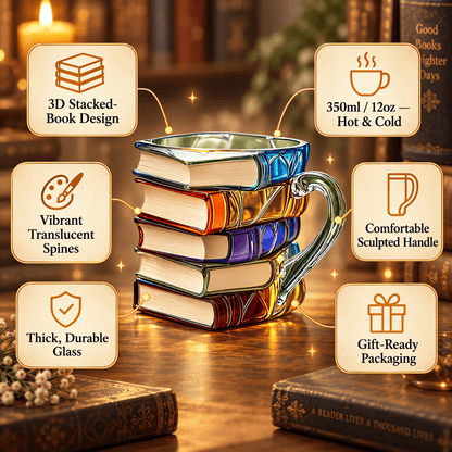 Novele Book Spine Mug features: 3D stacked-book design, 350 ml hot and cold, vibrant translucent spines, sculpted handle, durable glass, gift-ready packaging