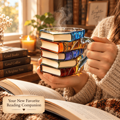 Hands in a knit sweater holding the Novele Book Spine Mug beside an open book by a sunny window